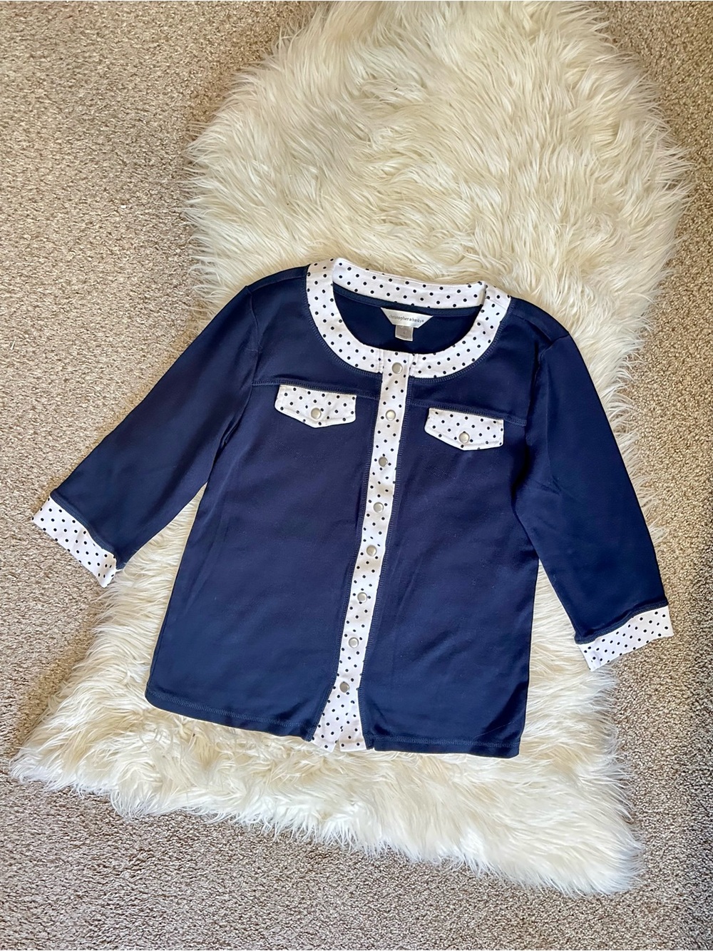 Christopher & Banks Navy Top with White Polka-Dot Trim